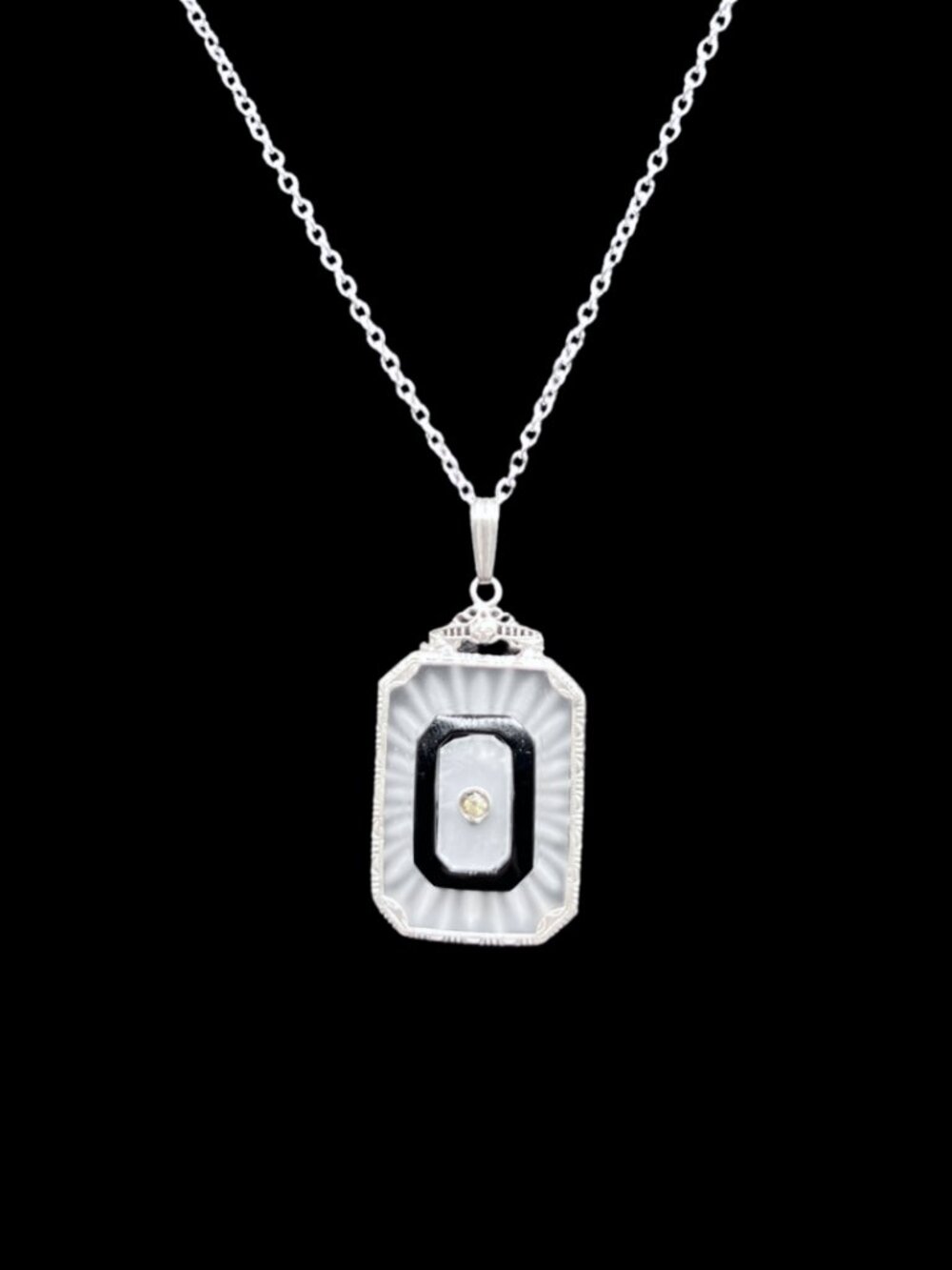 Antique Camphor Glass Pendant Continental Silver and Enamel on Modern Chain
